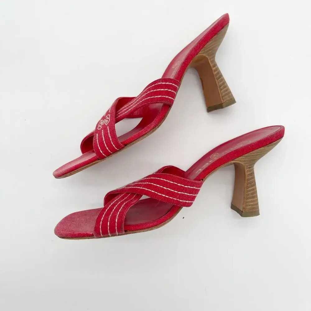 Chanel Vintage Red Canvas CC Nautical Cross Strap Slide Mule Sandal Heels EU 38